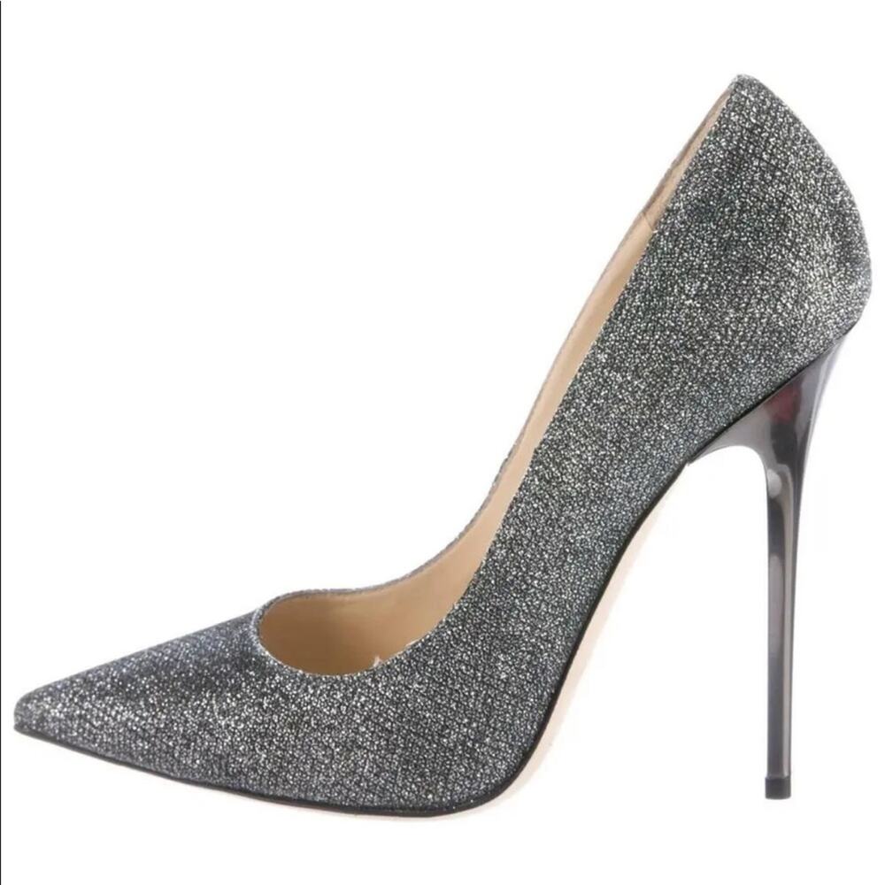 Jimmy Choo Anouk stiletto heels silver sparkly point toe New Year’s Eve holiday